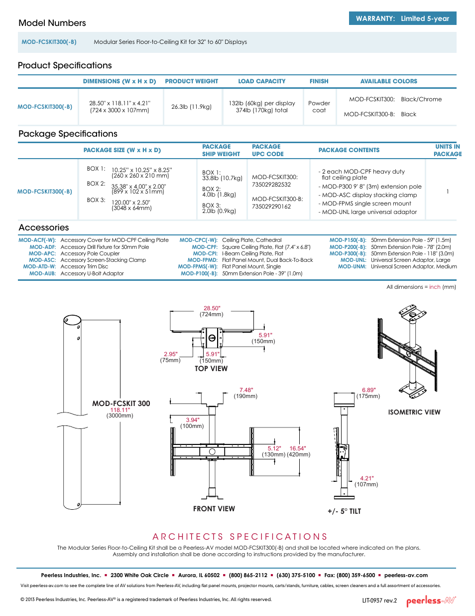 Package specifications, Product specifications model numbers, Accessories | Peerless-AV MOD-FCSKIT300-B  - Sell Sheet User Manual | Page 2 / 2