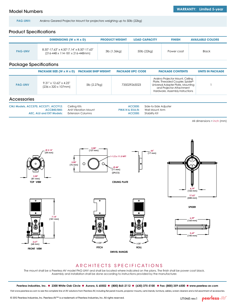Package specifications accessories, Product specifications model numbers, Warranty: limited 5-year | Peerless-AV PAG-UNV  - Sell Sheet User Manual | Page 2 / 2