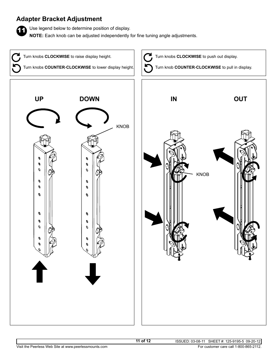 Adapter bracket adjustment up down in out | Peerless-AV DS-VWC560 - Installation User Manual | Page 11 / 12