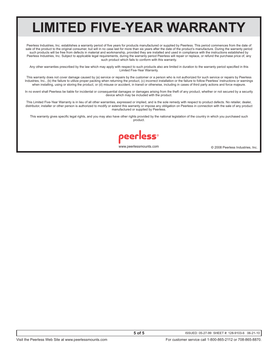 Limited five-year warranty | Peerless-AV CMJ455 - Installation User Manual | Page 5 / 5