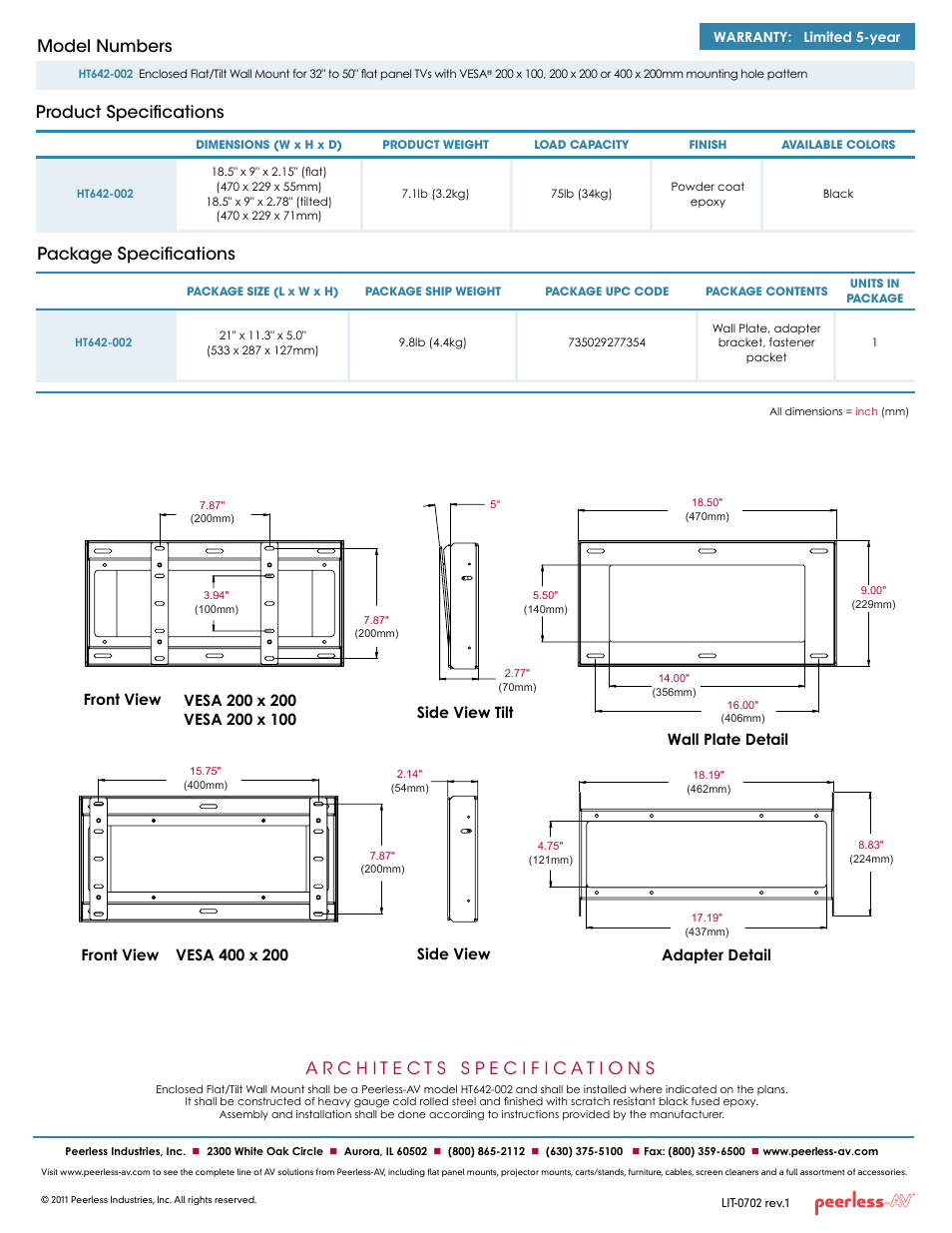 Package specifications, Product specifications model numbers, Front view | Peerless-AV HT642-002  - Sell Sheet User Manual | Page 2 / 2