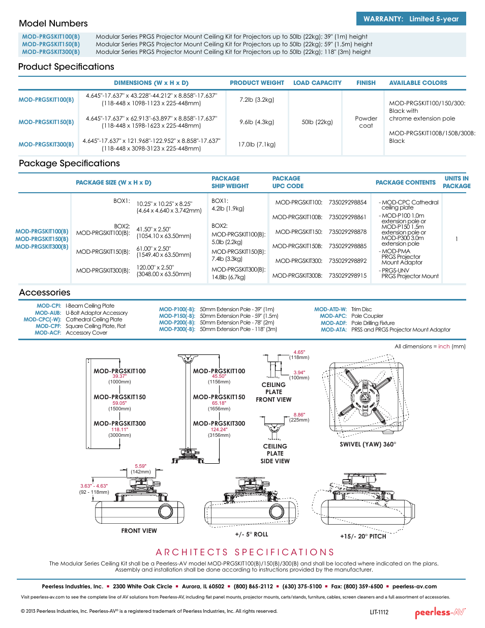 Package specifications, Product specifications model numbers, Accessories | Peerless-AV MOD-PRGSKIT300-B  - Sell Sheet User Manual | Page 2 / 2