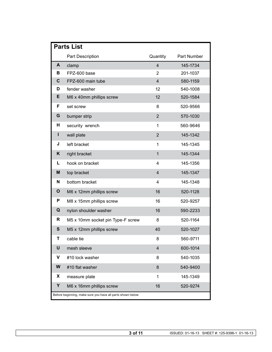 Parts list | Peerless-AV DS-VWS546-2X2 - Installation User Manual | Page 3 / 11