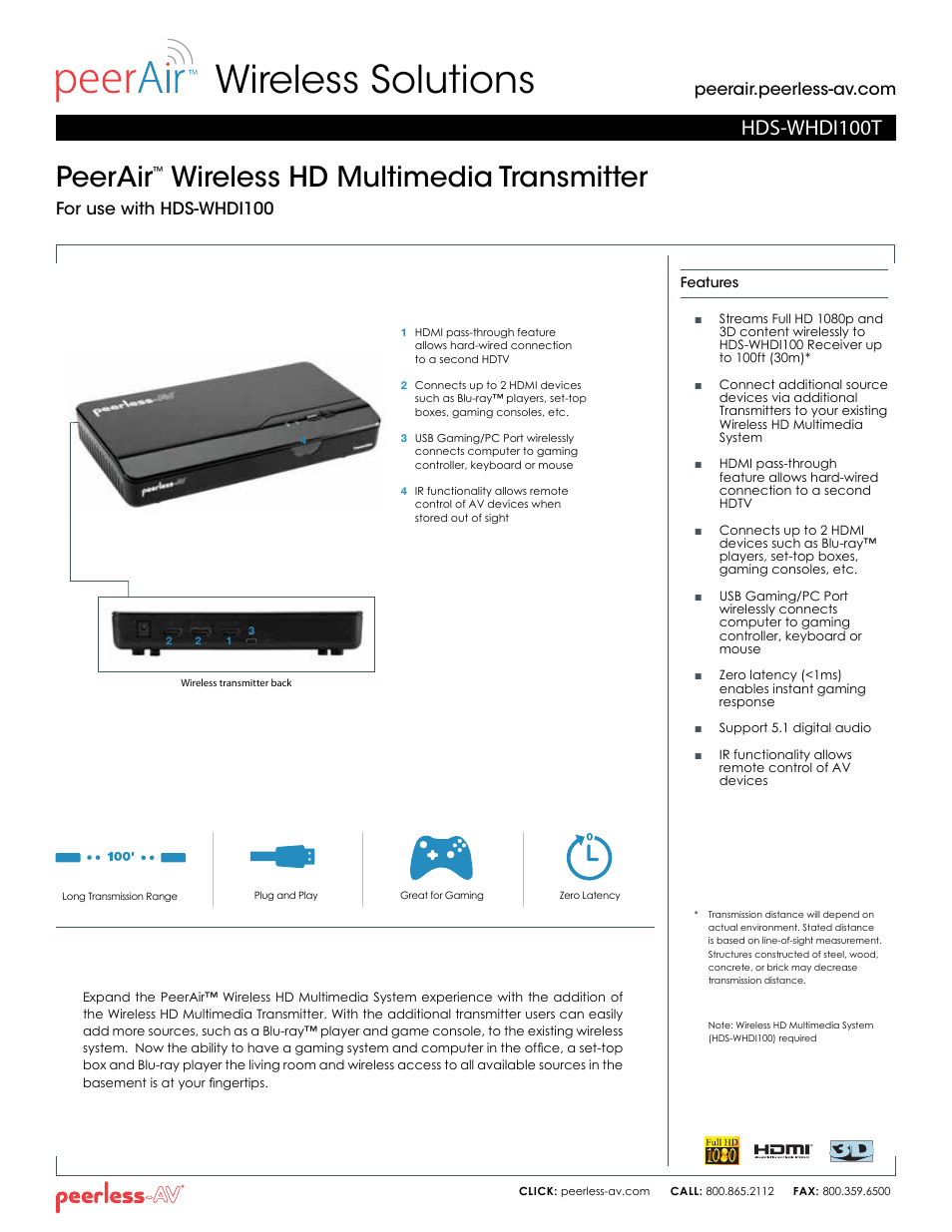 Peerless-AV HDS-WHDI100T  - Sell Sheet User Manual | 2 pages