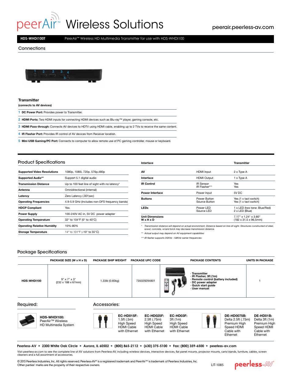 Wireless solutions, Connections, Product specifications | Package specifications required, Accessories | Peerless-AV HDS-WHDI100T  - Sell Sheet User Manual | Page 2 / 2