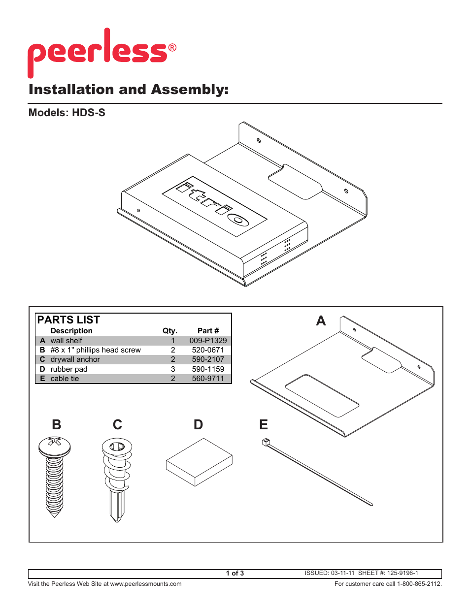 Peerless-AV HDS-S - Installation User Manual | 3 pages