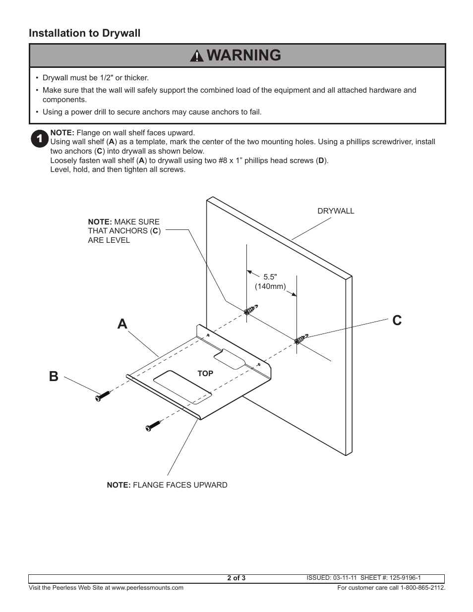 Warning, Ab c, Installation to drywall | Peerless-AV HDS-S - Installation User Manual | Page 2 / 3