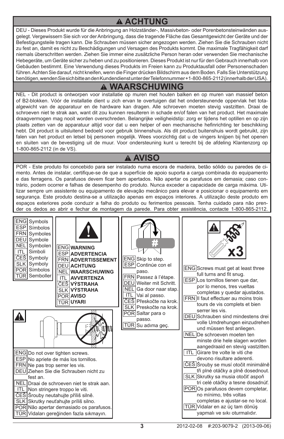 Waarschuwing, Achtung, Aviso | Peerless-AV SF630-S - Installation User Manual | Page 3 / 20