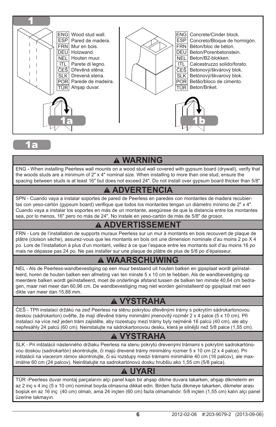 11b 1a, Výstraha, Advertencia | Waarschuwing, Advertissement, Uyari, Warning | Peerless-AV SF630-S - Installation User Manual | Page 6 / 20