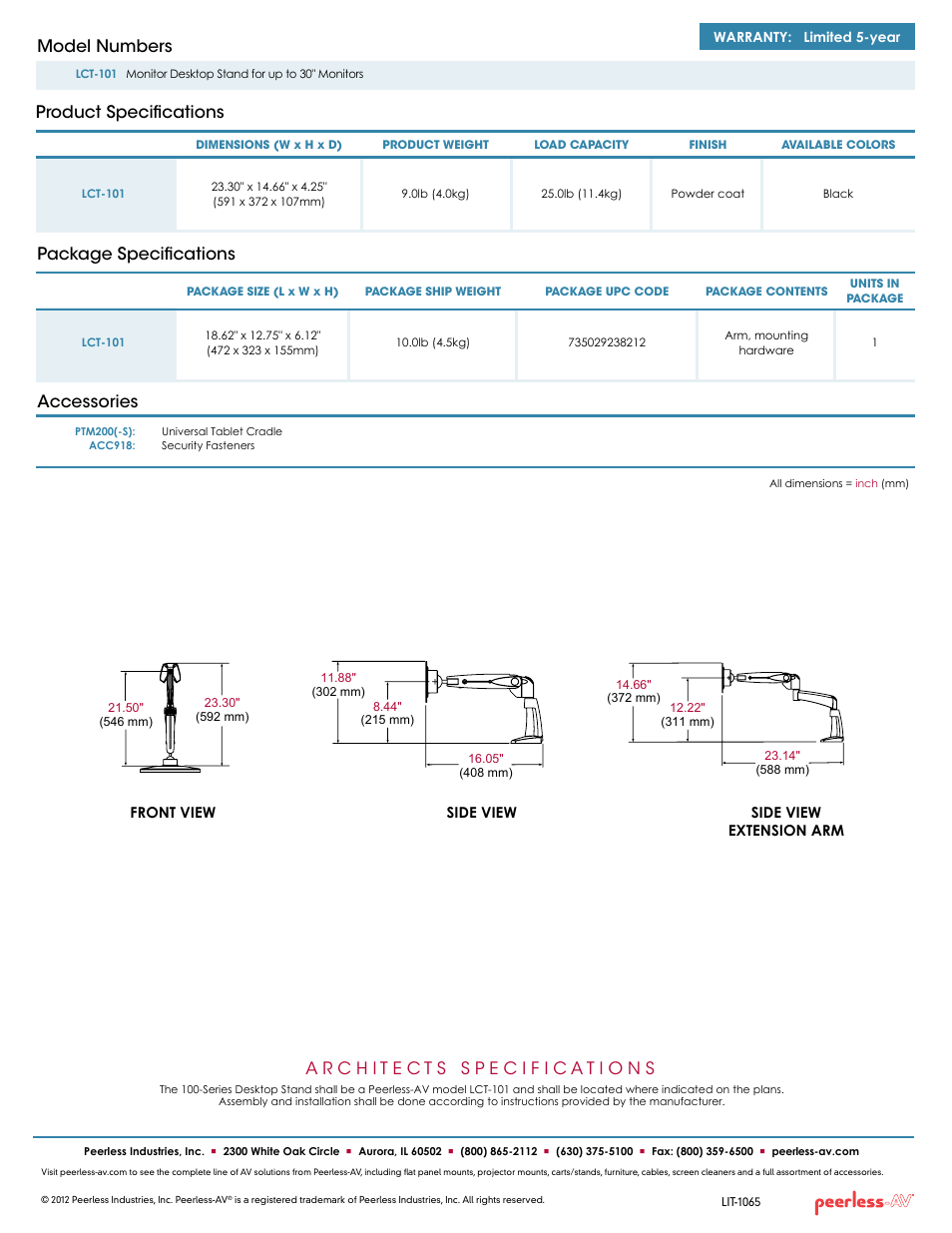 Package specifications, Product specifications model numbers, Accessories | Peerless-AV LCT-101  - Sell Sheet User Manual | Page 2 / 2