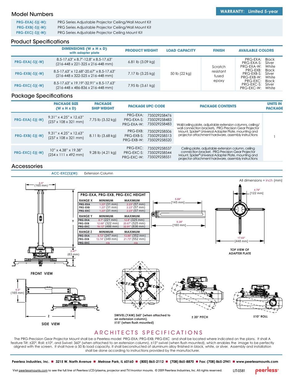 Package specifications accessories, Product specifications model numbers, Warranty: limited 5-year | Peerless-AV PRG-EXC  - Sell Sheet User Manual | Page 2 / 2