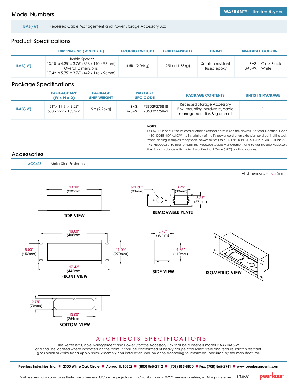 Package specifications, Product specifications model numbers, Accessories | Peerless-AV IBA3-W  - Sell Sheet User Manual | Page 2 / 2