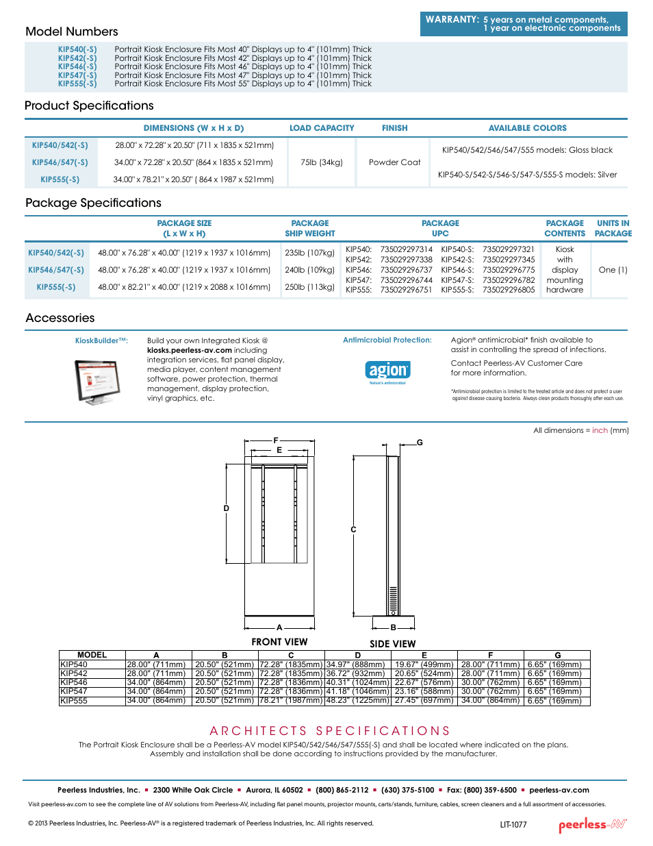 Product specifications model numbers, Package specifications accessories | Peerless-AV KIP555-S  - Sell Sheet User Manual | Page 2 / 2