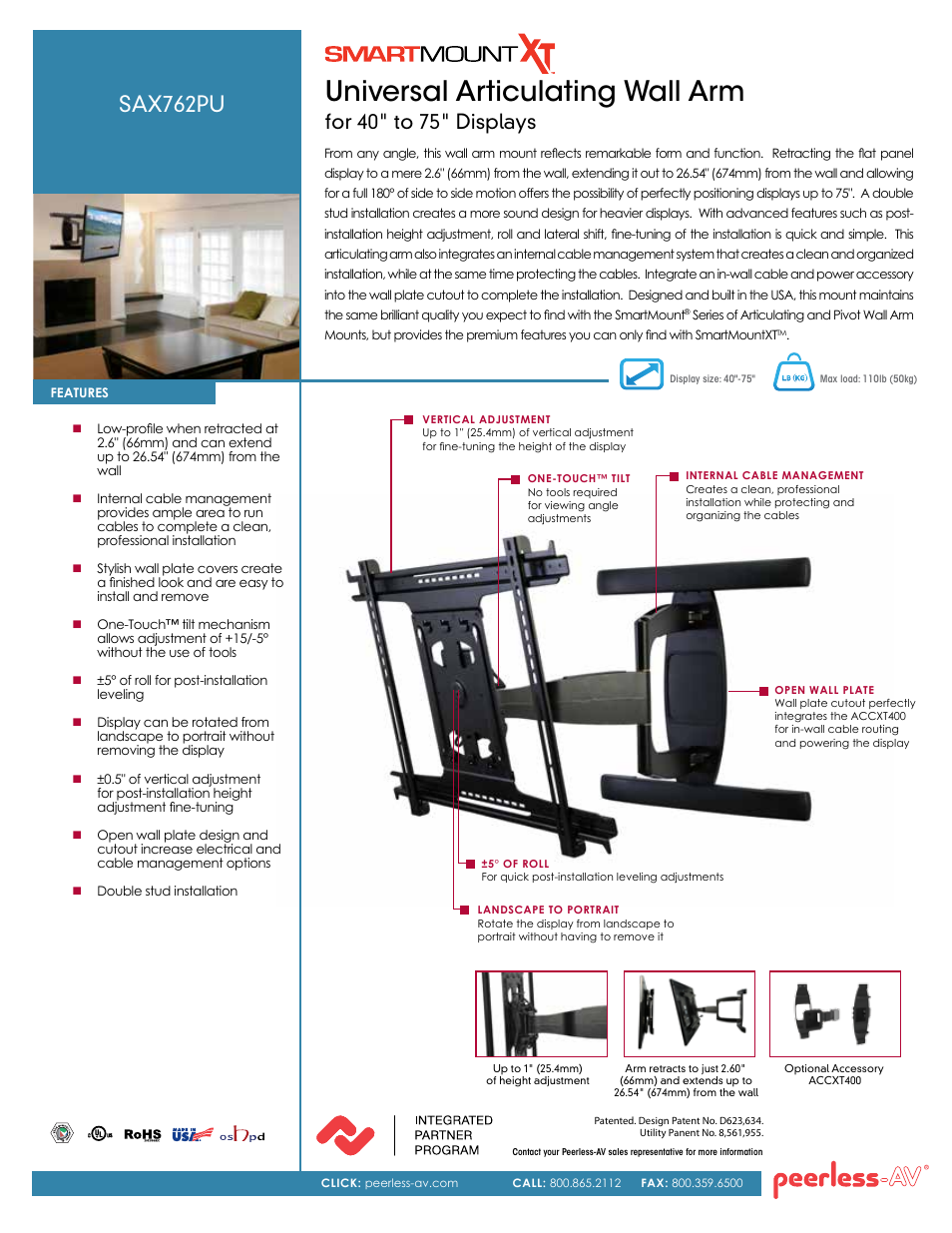 Peerless-AV SAX762PU  - Sell Sheet User Manual | 2 pages