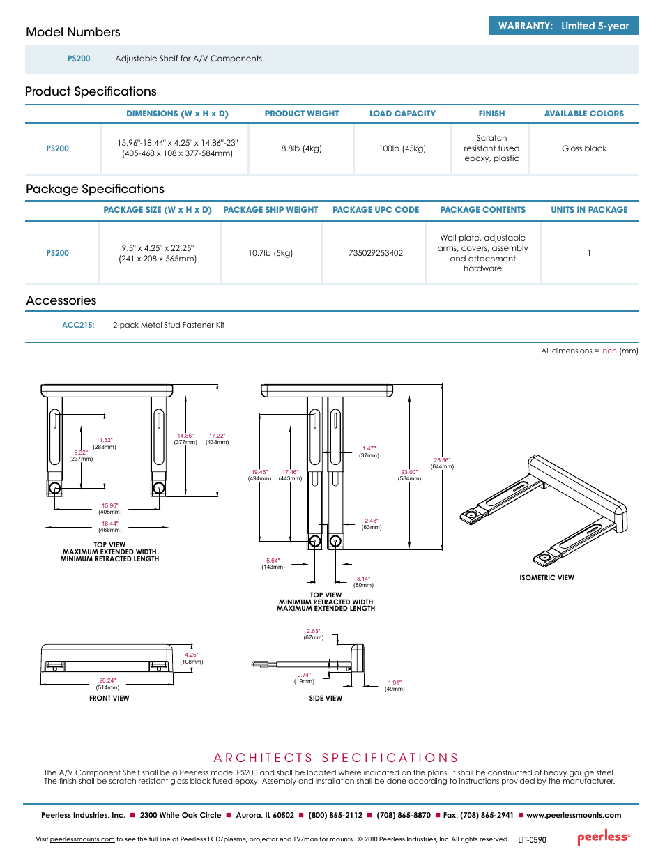 Package specifications accessories, Product specifications model numbers, Warranty: limited 5-year | Peerless-AV PS200  - Sell Sheet User Manual | Page 2 / 2