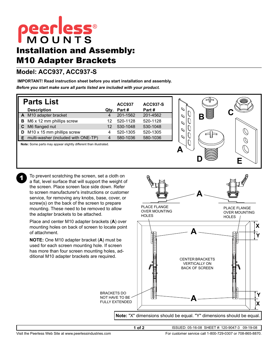 Peerless-AV ACC937 - Installation User Manual | 2 pages