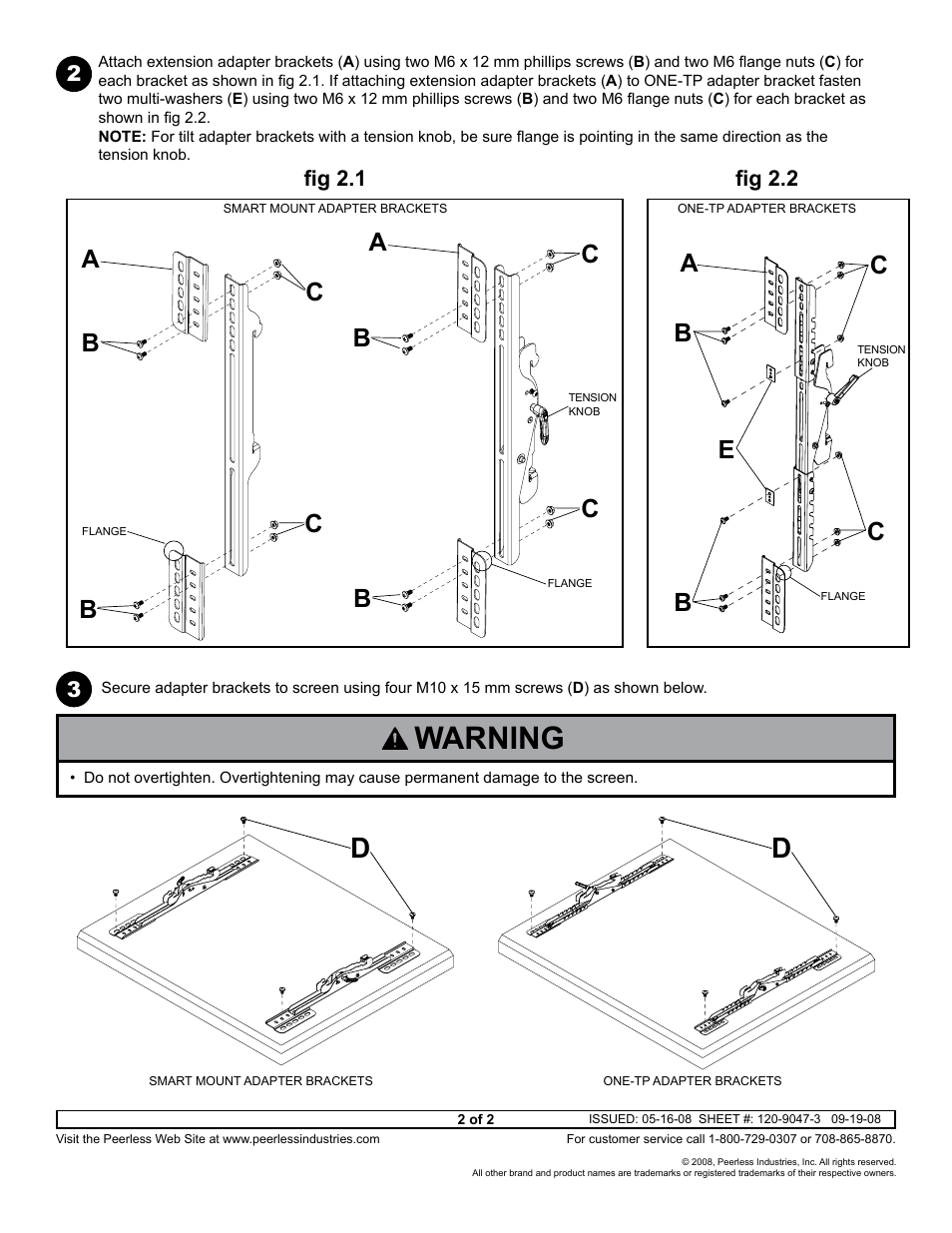 Warning, Ab b c c | Peerless-AV ACC937 - Installation User Manual | Page 2 / 2