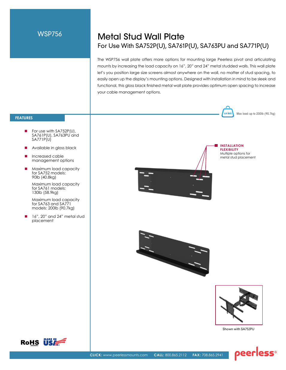 Peerless-AV WSP756  - Sell Sheet User Manual | 2 pages