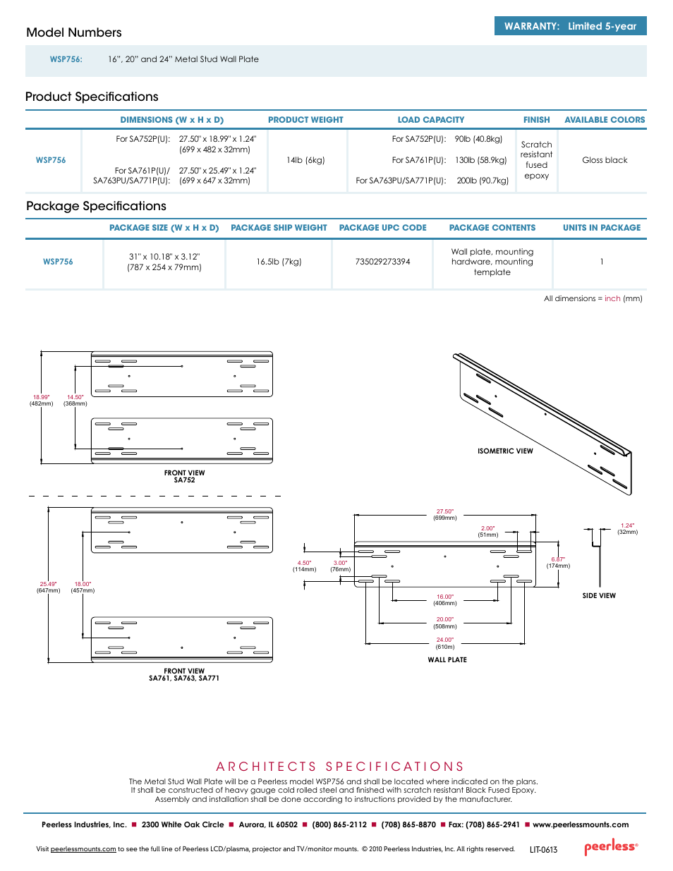 Package specifications, Product specifications model numbers, Warranty: limited 5-year | Peerless-AV WSP756  - Sell Sheet User Manual | Page 2 / 2