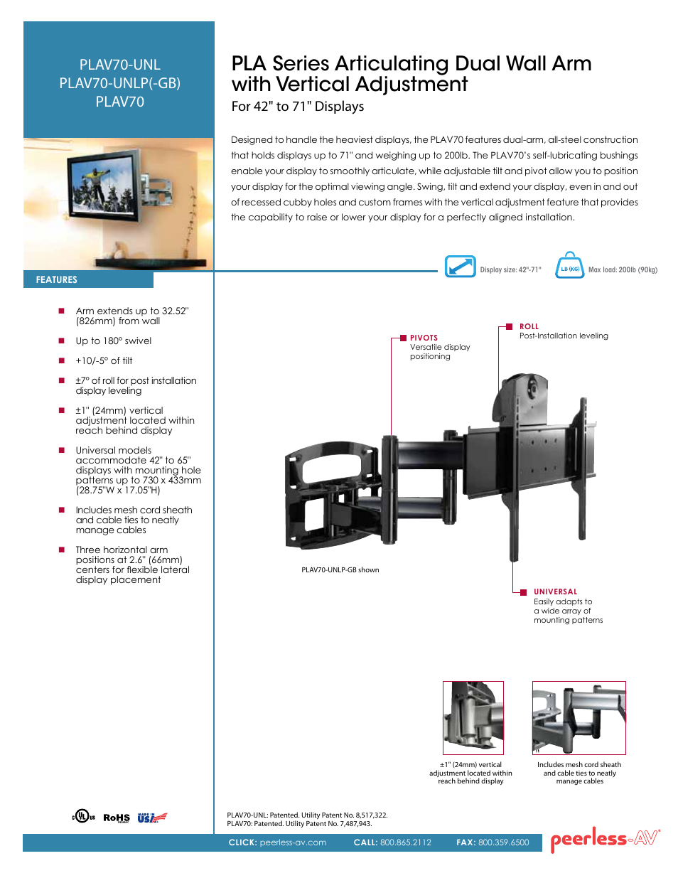 Peerless-AV PLAV70-UNLP-GB  - Sell Sheet User Manual | 2 pages