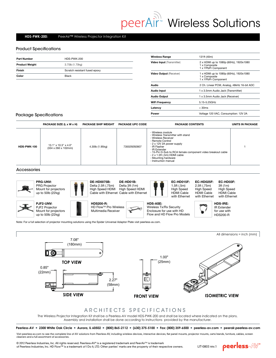 Wireless solutions, Accessories, Package specifications | Product specifications, Isometric view side view top view front view | Peerless-AV HDS-PWK-200  - Sell Sheet User Manual | Page 2 / 2