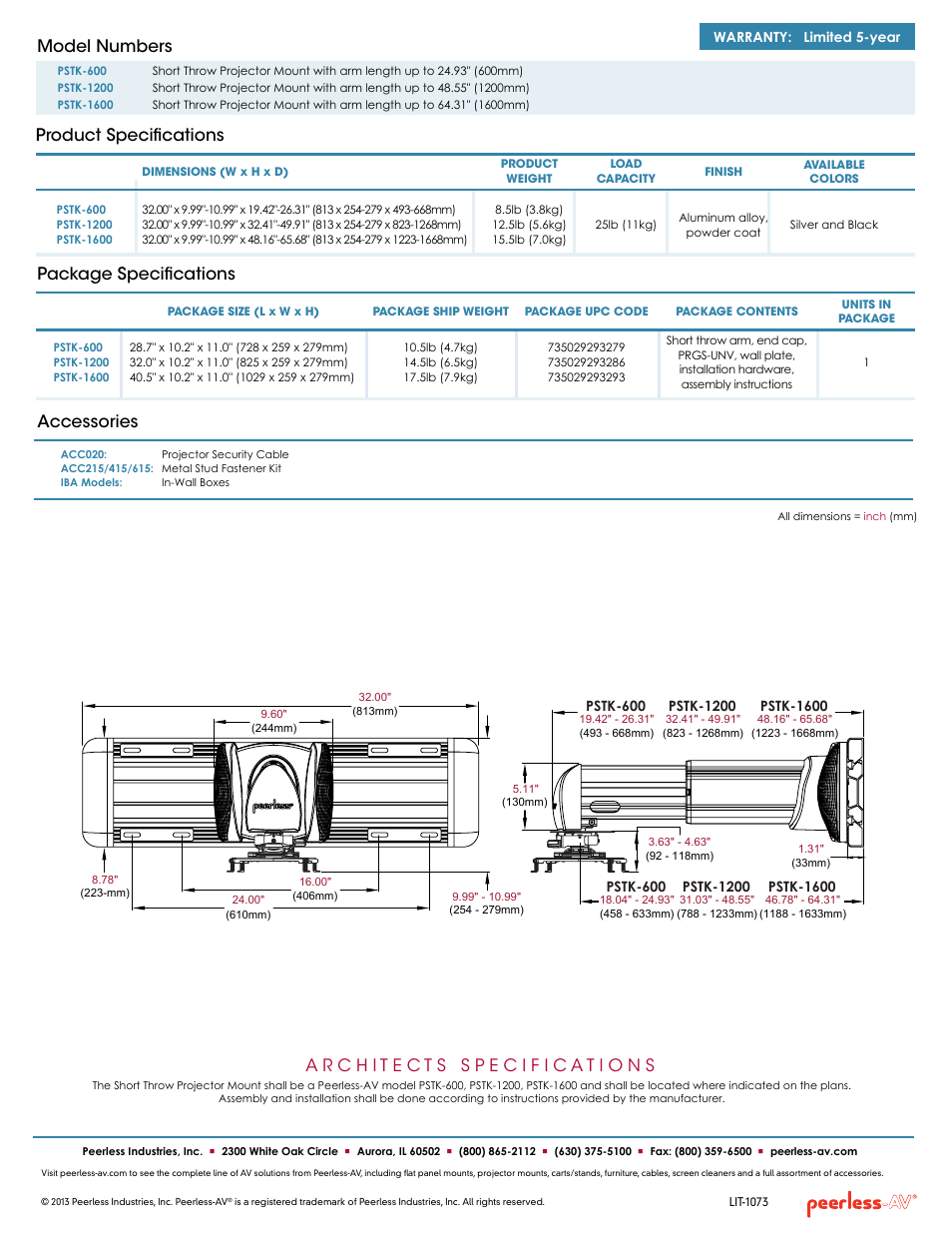 Product specifications model numbers, Package specifications accessories | Peerless-AV PSTK-600  - Sell Sheet User Manual | Page 2 / 2