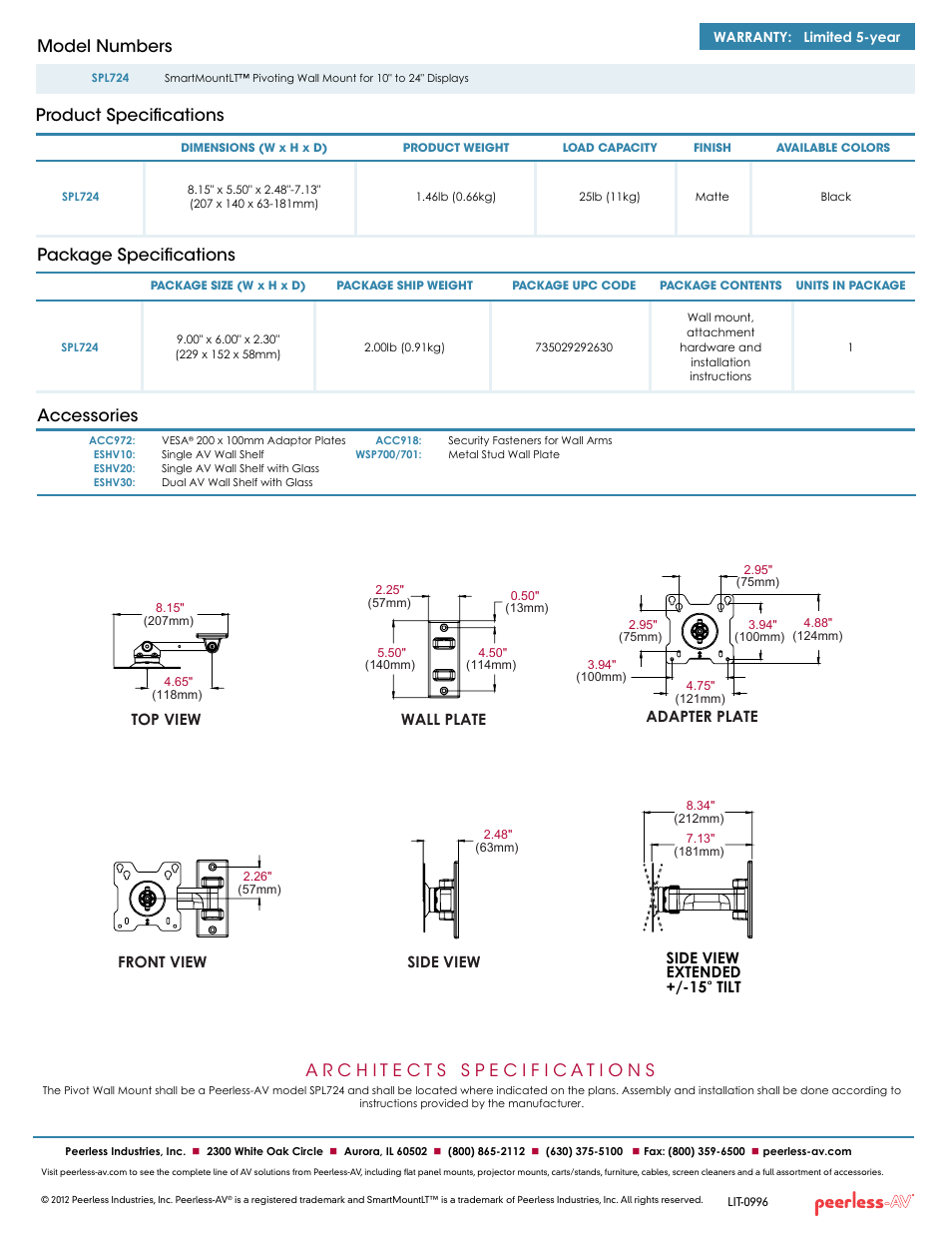 Package specifications accessories, Product specifications model numbers, Front view top view wall plate side view | Side view extended +/-15 tilt, Adapter plate | Peerless-AV SPL724  - Sell Sheet User Manual | Page 2 / 2