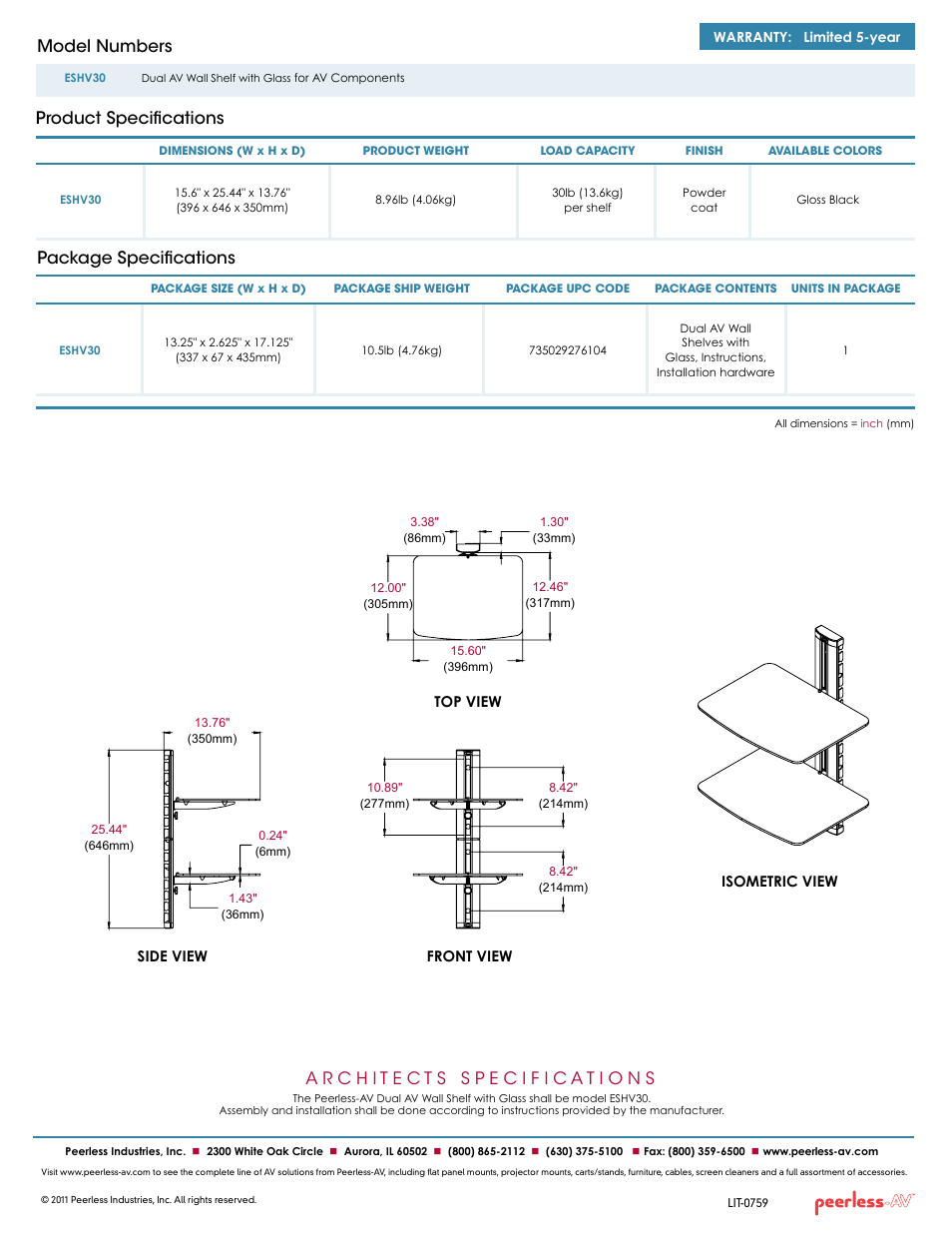 Package specifications, Product specifications model numbers | Peerless-AV ESHV30  - Sell Sheet User Manual | Page 2 / 2