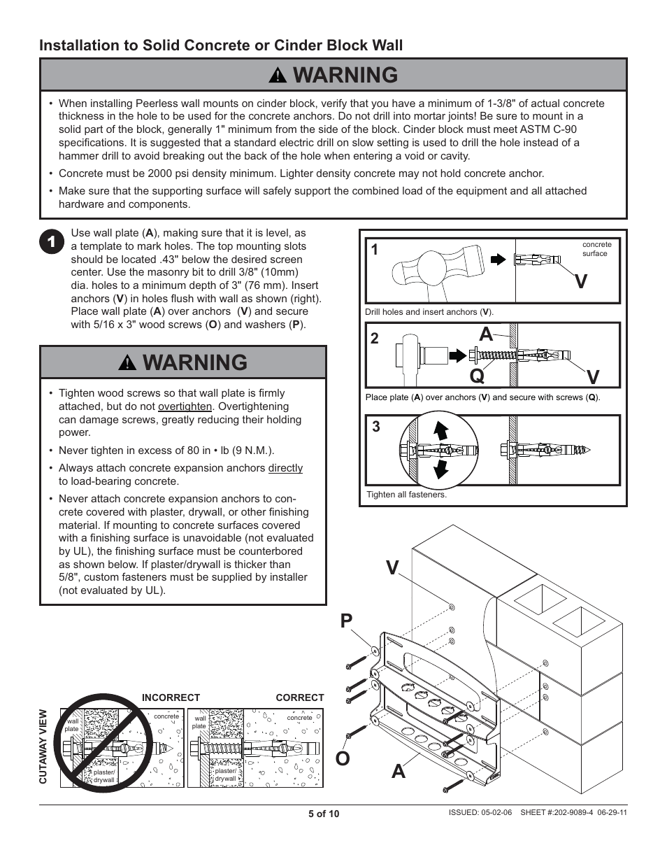 Warning, Ao p v, Av q | Peerless-AV PLAV70 - Installation User Manual | Page 5 / 10