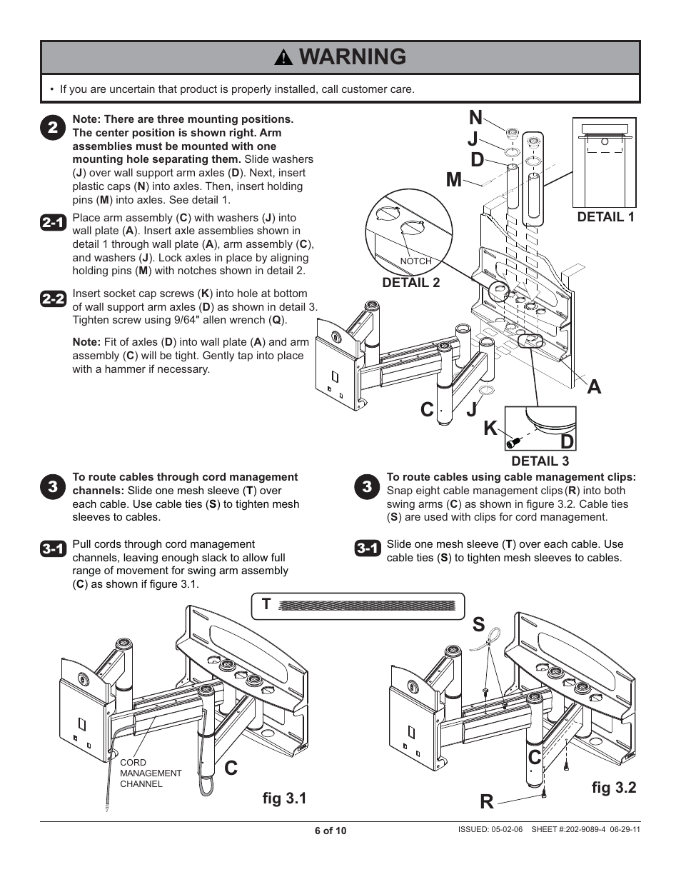 Warning, Rs c | Peerless-AV PLAV70 - Installation User Manual | Page 6 / 10