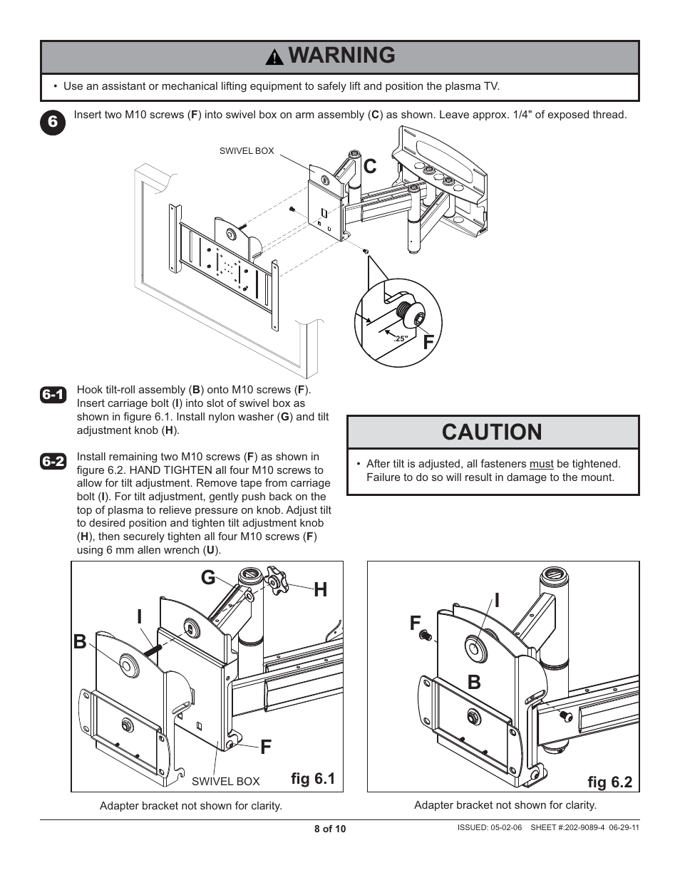 Warning, Caution | Peerless-AV PLAV70 - Installation User Manual | Page 8 / 10