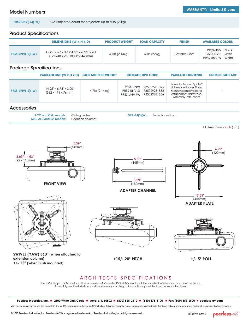Package specifications accessories, Product specifications model numbers | Peerless-AV PRSS-UNV-W  - Sell Sheet User Manual | Page 2 / 2