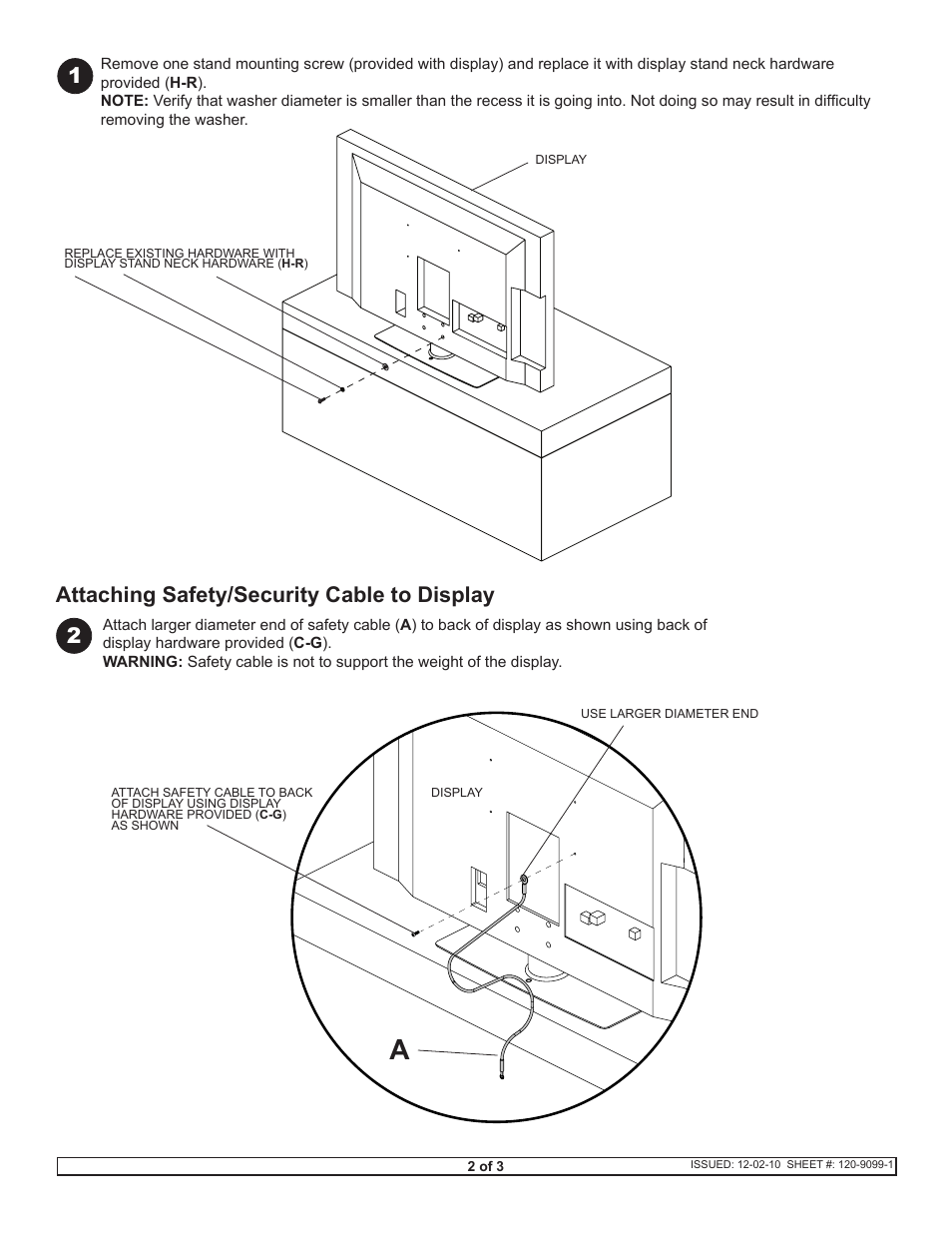 12 attaching safety/security cable to display | Peerless-AV HLC-KIT-Q10 - Installation User Manual | Page 2 / 3