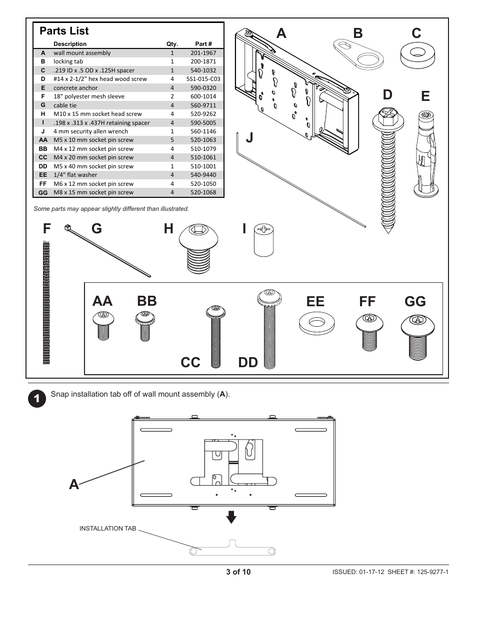 Ah a b cc dd c, Parts list 1 | Peerless-AV SP850-V2X2 - Installation User Manual | Page 3 / 10