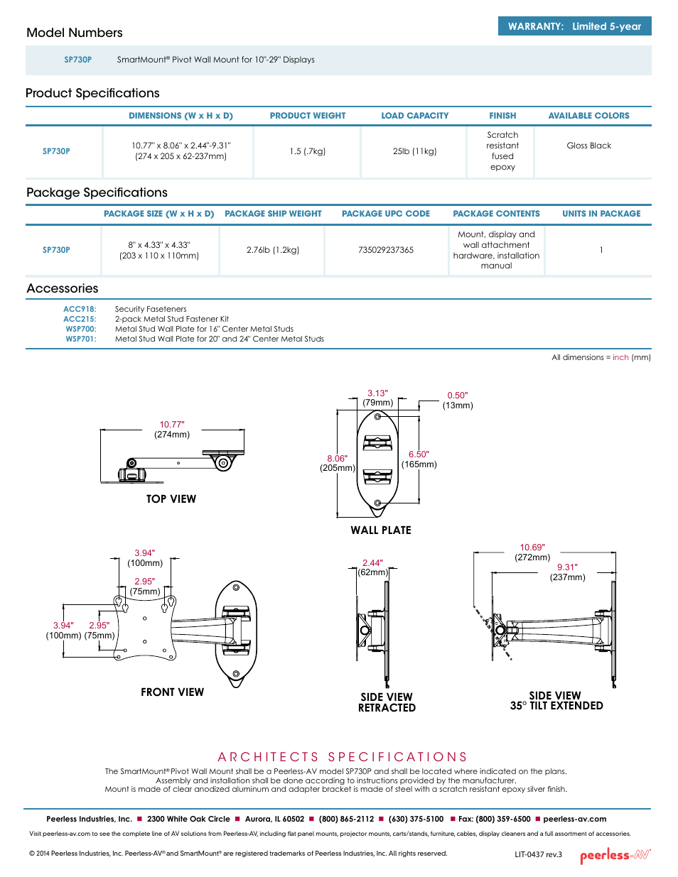 Model numbers, Package specifications accessories, Product specifications | Front view, Side view retracted, Wall plate top view, Side view 35° tilt extended | Peerless-AV SP730P  - Sell Sheet User Manual | Page 2 / 2
