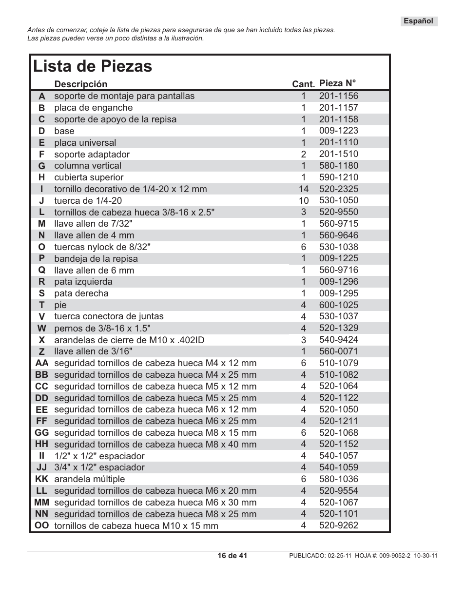 Lista de piezas | Peerless-AV SS560M - Installation User Manual | Page 16 / 41