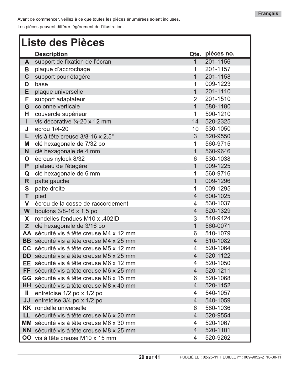 Liste des pièces | Peerless-AV SS560M - Installation User Manual | Page 29 / 41
