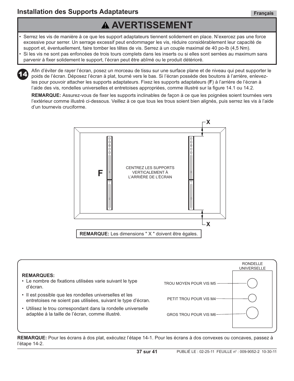 Avertissement, Installation des supports adaptateurs | Peerless-AV SS560M - Installation User Manual | Page 37 / 41