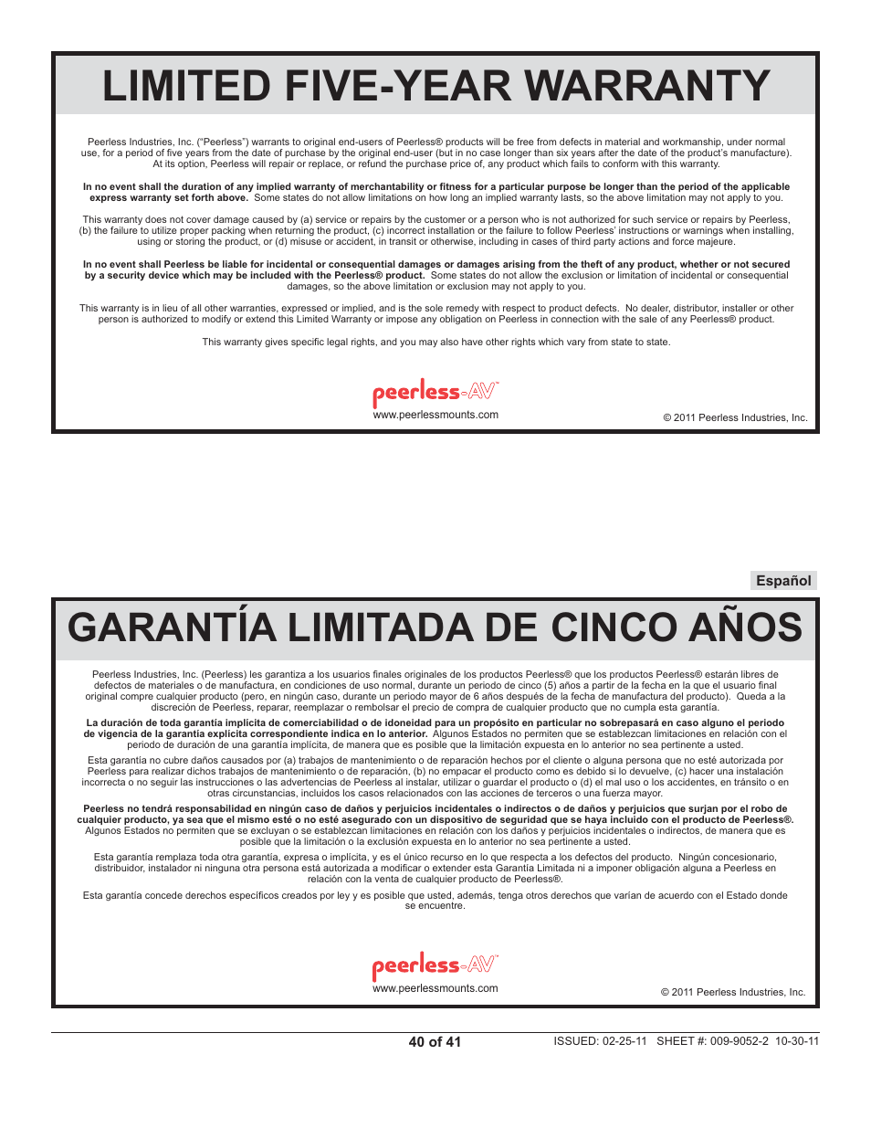 Limited five-year warranty, Garantía limitada de cinco años | Peerless-AV SS560M - Installation User Manual | Page 40 / 41