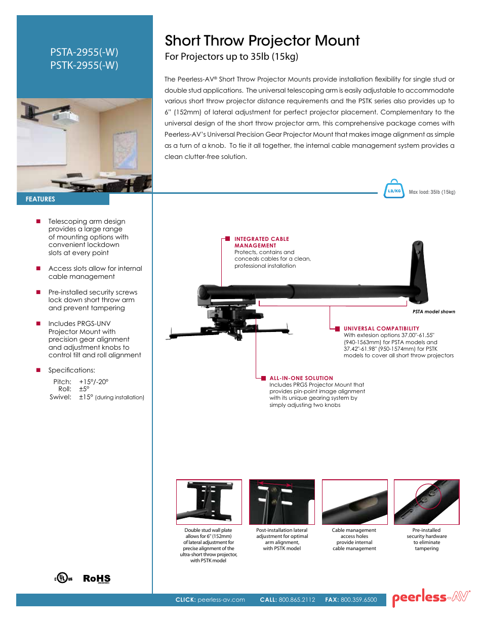 Peerless-AV PSTK-2955-W  - Sell Sheet User Manual | 2 pages