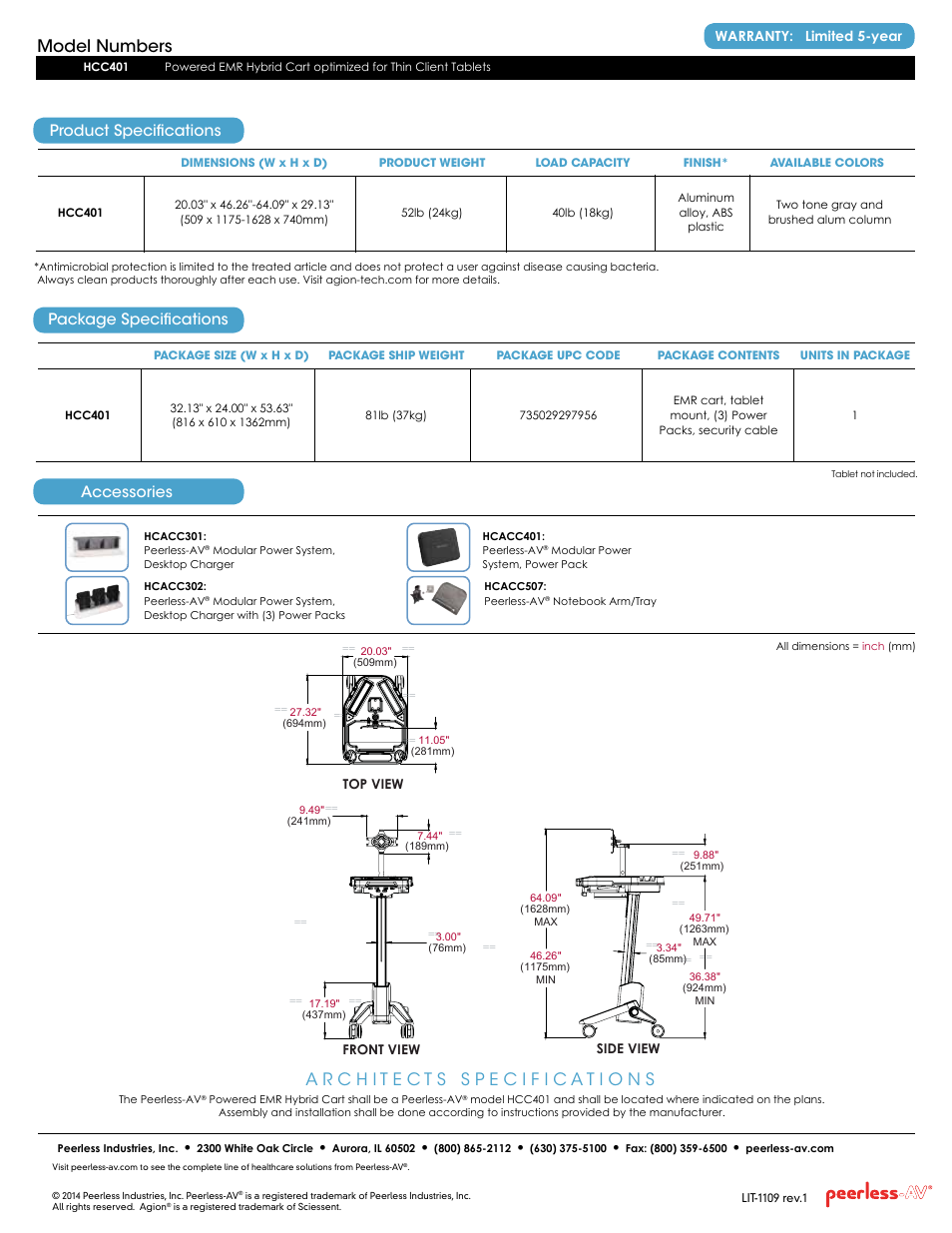 Model numbers, Package specifications, Product specifications | Accessories, Warranty: limited 5-year | Peerless-AV HCC401  - Sell Sheet User Manual | Page 2 / 2