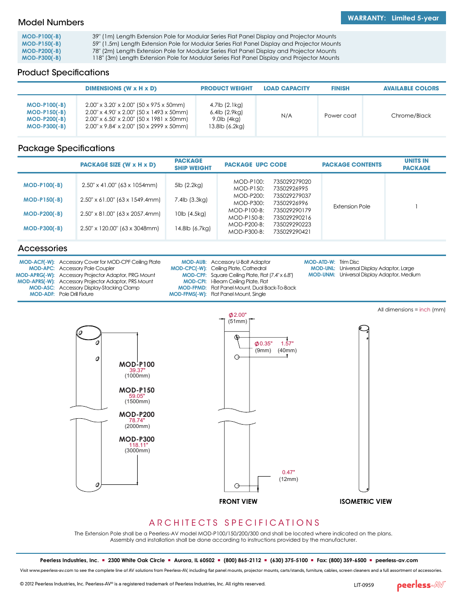 Package specifications, Product specifications model numbers, Accessories | Peerless-AV MOD-P300-B  - Sell Sheet User Manual | Page 2 / 2