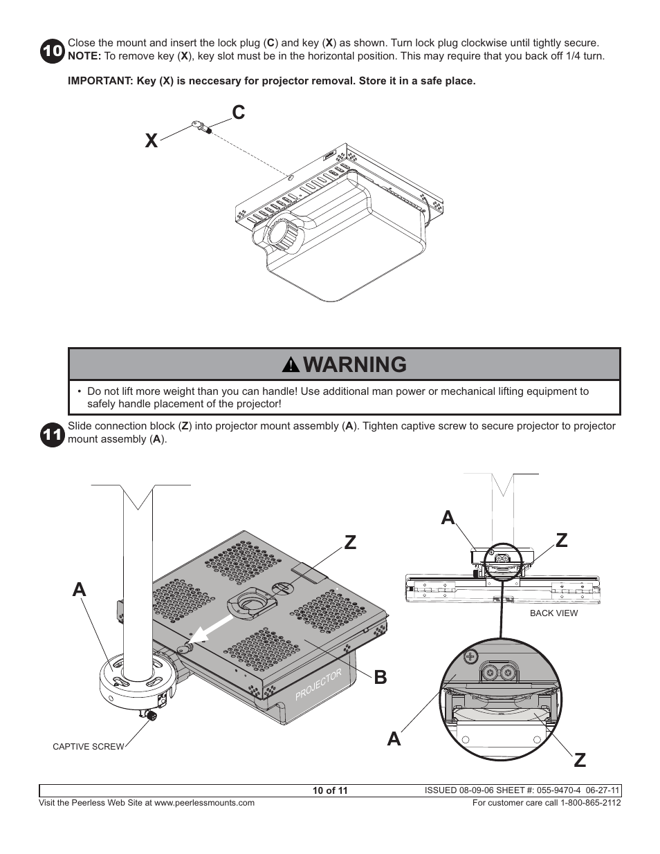 Warning, Za a a | Peerless-AV PSMU-PRS-S - Installation User Manual | Page 10 / 11