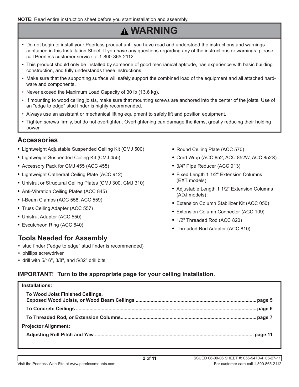 Warning, Tools needed for assembly, Accessories | Peerless-AV PSMU-PRS-S - Installation User Manual | Page 2 / 11