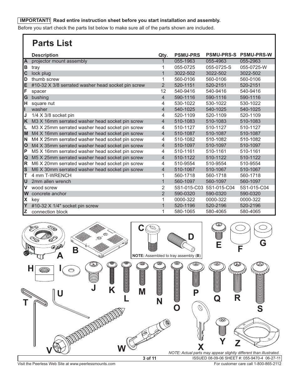 Parts list | Peerless-AV PSMU-PRS-S - Installation User Manual | Page 3 / 11