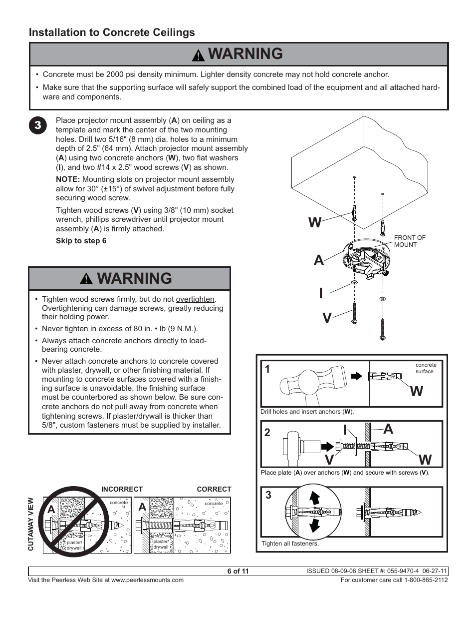 Warning, Wv i a, Aw v i | Installation to concrete ceilings 3 | Peerless-AV PSMU-PRS-S - Installation User Manual | Page 6 / 11