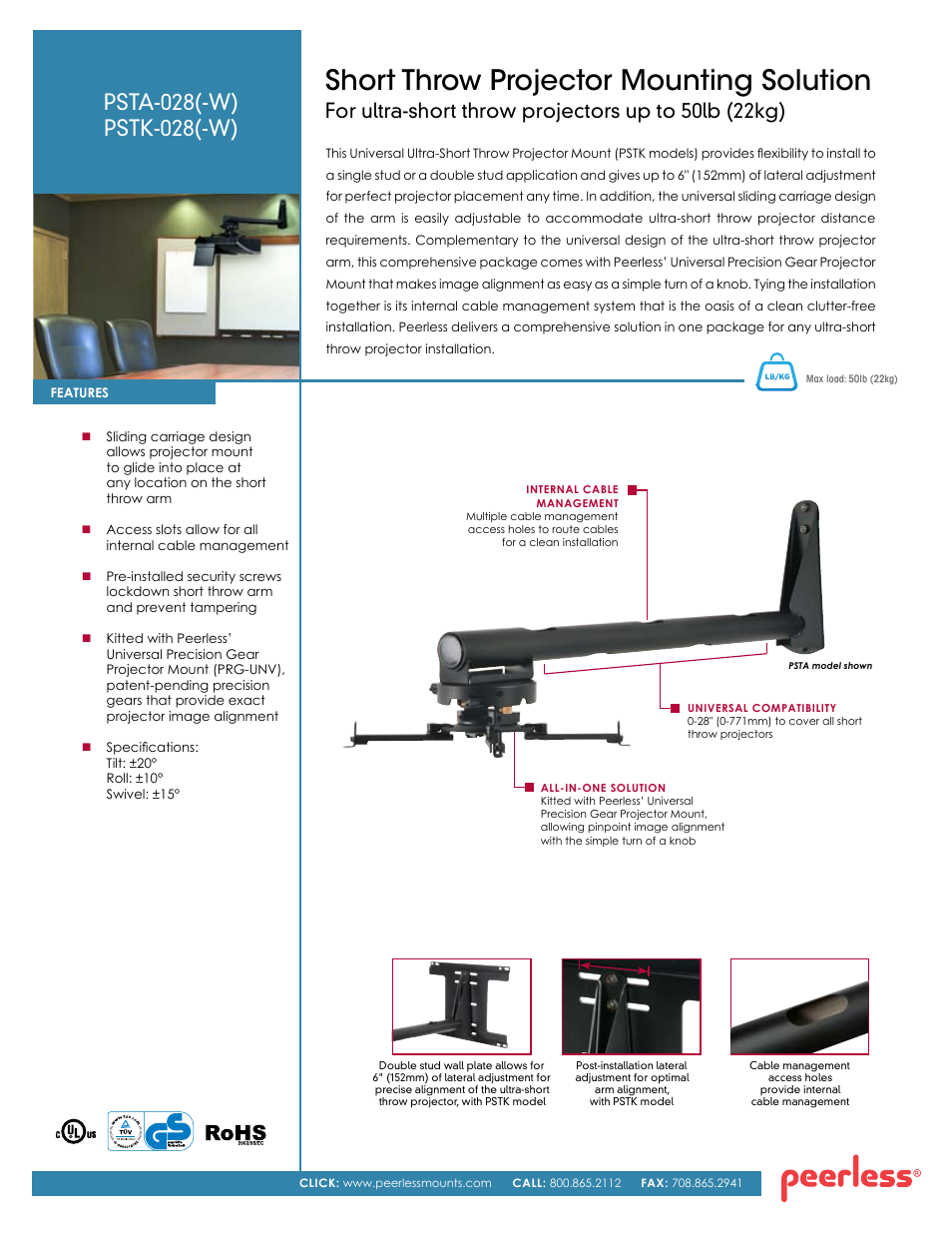 Peerless-AV PSTA-028-W  - Sell Sheet User Manual | 2 pages