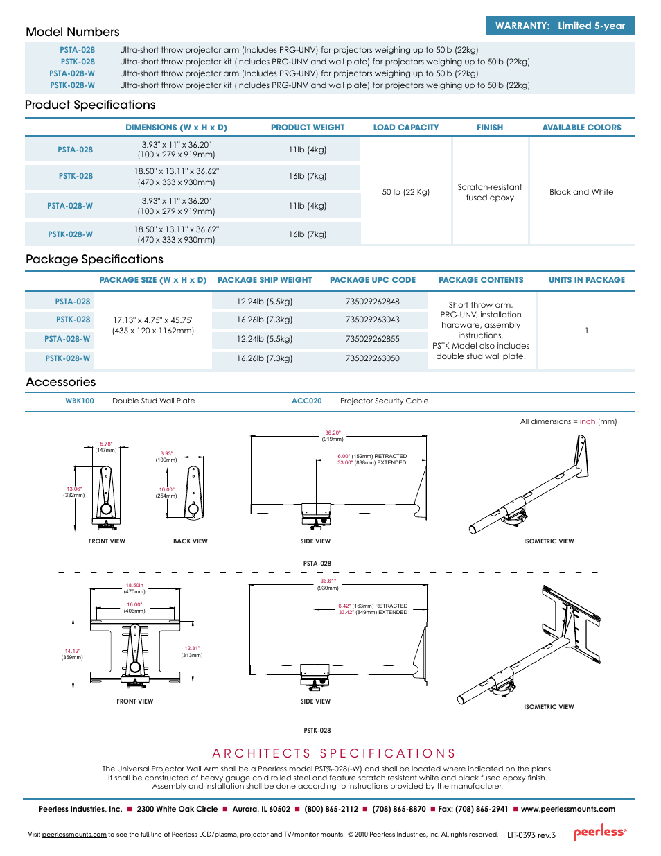 Warranty: limited 5-year | Peerless-AV PSTA-028-W  - Sell Sheet User Manual | Page 2 / 2