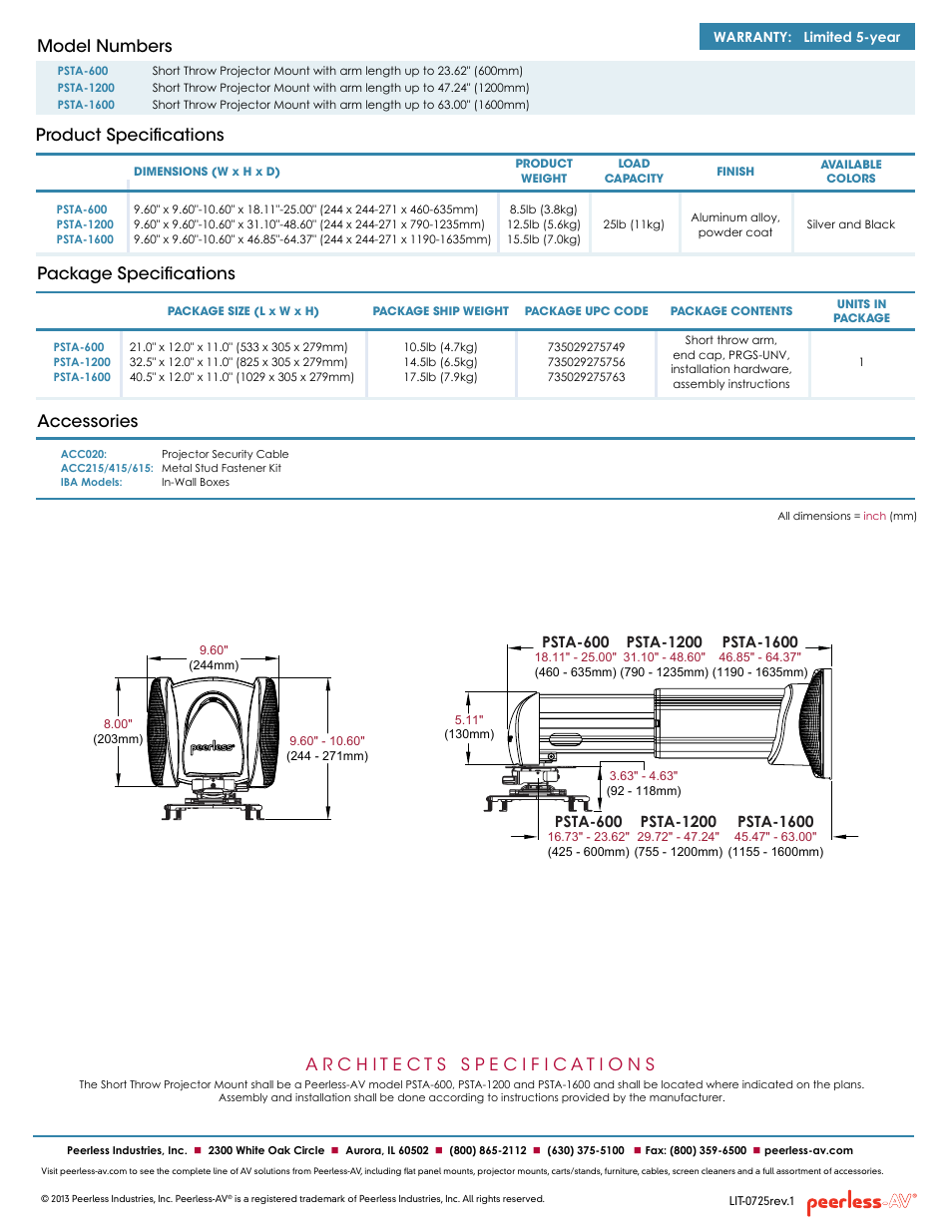 Product specifications model numbers, Package specifications accessories, Psta-600 | Psta-1200, Psta-1600 | Peerless-AV PSTA-600  - Sell Sheet User Manual | Page 2 / 2