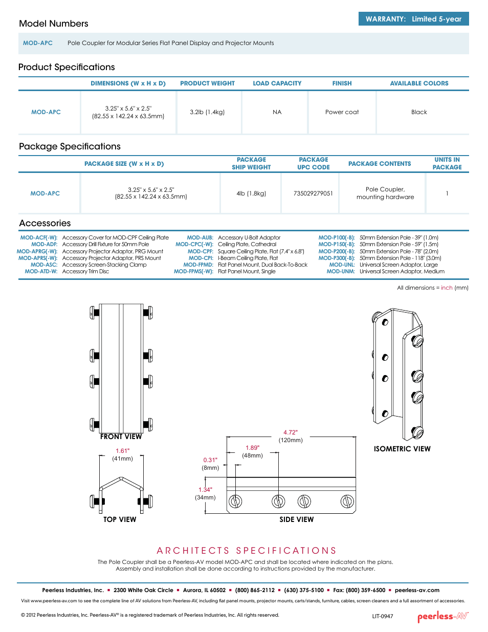 Package specifications, Product specifications model numbers, Accessories | Peerless-AV MOD-APC  - Sell Sheet User Manual | Page 2 / 2